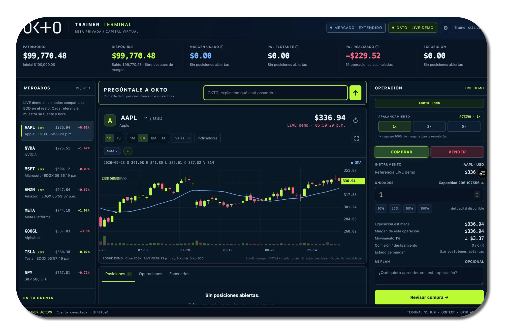 Terminal de entrenamiento OKTO con gráfica, mercados, ticket de operación y asistente contextual